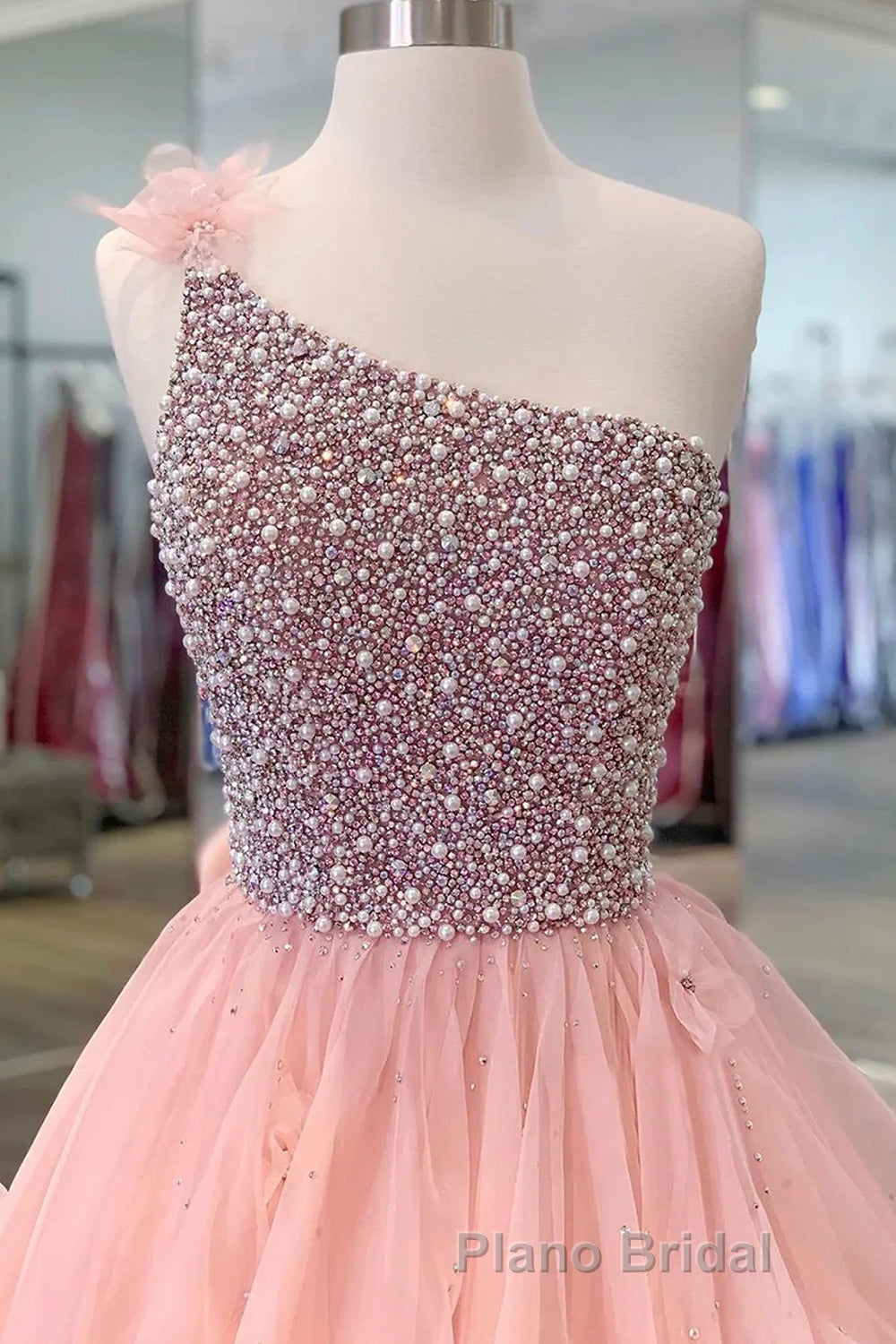 Pink Formal Prom Dress A Line One Shoulder Long Party Evening Dress with Beading Ruffles