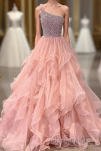 Pink Formal Prom Dress A Line One Shoulder Long Party Evening Dress with Beading Ruffles