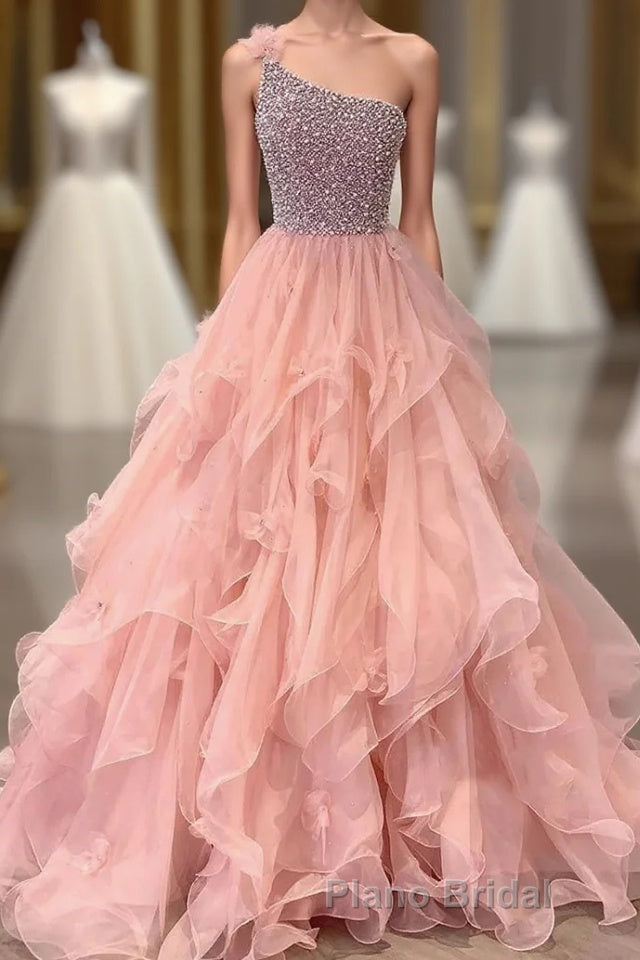 Pink Formal Prom Dress A Line One Shoulder Long Party Evening Dress with Beading Ruffles Main image