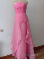 Pink Formal Prom Dress Tulle Evening Gown Strapless Ruffles A-line Simple Formal Prom Dresses For Teens