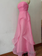 Pink Formal Prom Dress Tulle Evening Gown Strapless Ruffles A-line Simple Formal Prom Dresses For Teens