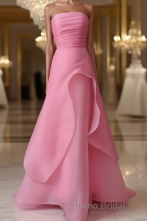 Pink Formal Prom Dress Tulle Evening Gown Strapless Ruffles A-line Simple Formal Prom Dresses For Teens Main image