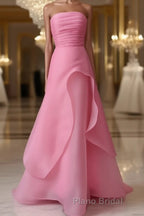 Pink Formal Prom Dress Tulle Evening Gown Strapless Ruffles A-line Simple Formal Prom Dresses For Teens