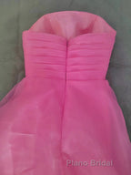Pink Formal Prom Dress Tulle Evening Gown Strapless Ruffles A-line Simple Formal Prom Dresses For Teens