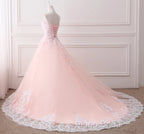 Pink Puffy Ball Gown Princess Sweetheart Tulle Formal Dresses With White Lace Formal Prom Dresses