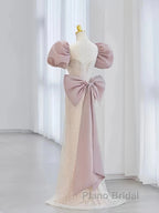 Pink Puffy Sleeves Trumpet Mermaid Sequin Formal Prom Dresses