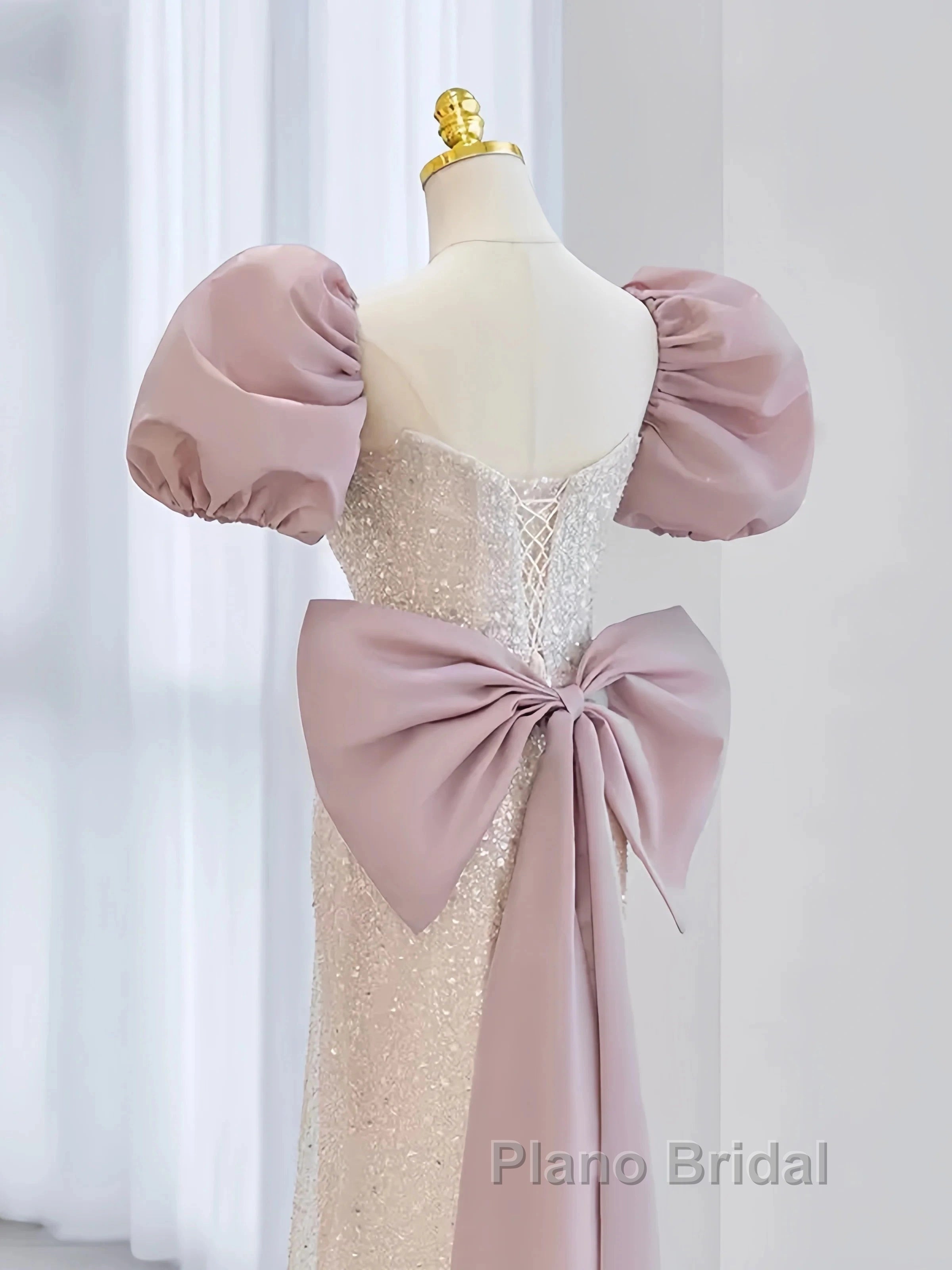 Pink Puffy Sleeves Trumpet Mermaid Sequin Formal Prom Dresses