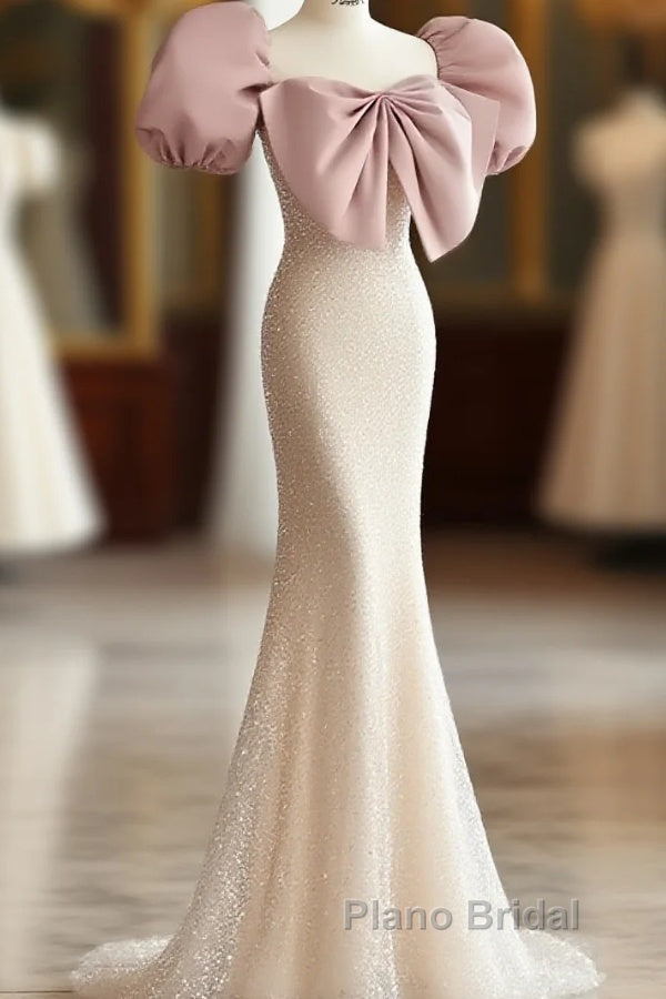 Pink Puffy Sleeves Trumpet Mermaid Sequin Formal Prom Dresses Main image