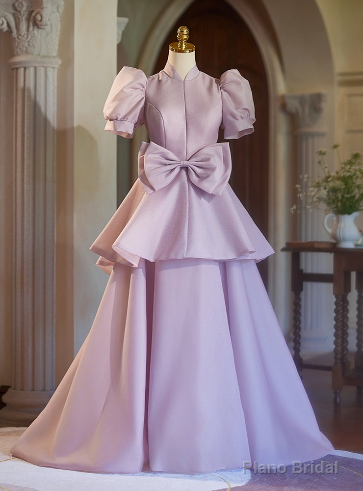 Pink Purple Satin High Neck Puff Sleeve Bow Prom Dress Main image