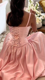 Pink Retro Elegant A-Line Spaghetti Strap Satin Long Formal Evening Dresses Birthday Party Dresses Bridesmaid Dresses