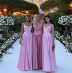 Pink Retro Elegant A-Line Spaghetti Strap Satin Long Formal Evening Dresses Birthday Party Dresses Bridesmaid Dresses