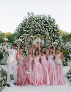 Pink Retro Elegant A-Line Spaghetti Strap Satin Long Formal Evening Dresses Birthday Party Dresses Bridesmaid Dresses