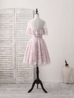 Pink Round Neck Lace Tulle Short Prom Dress, Pink Homecoming Dress