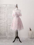 Pink Round Neck Lace Tulle Short Prom Dress, Pink Homecoming Dress