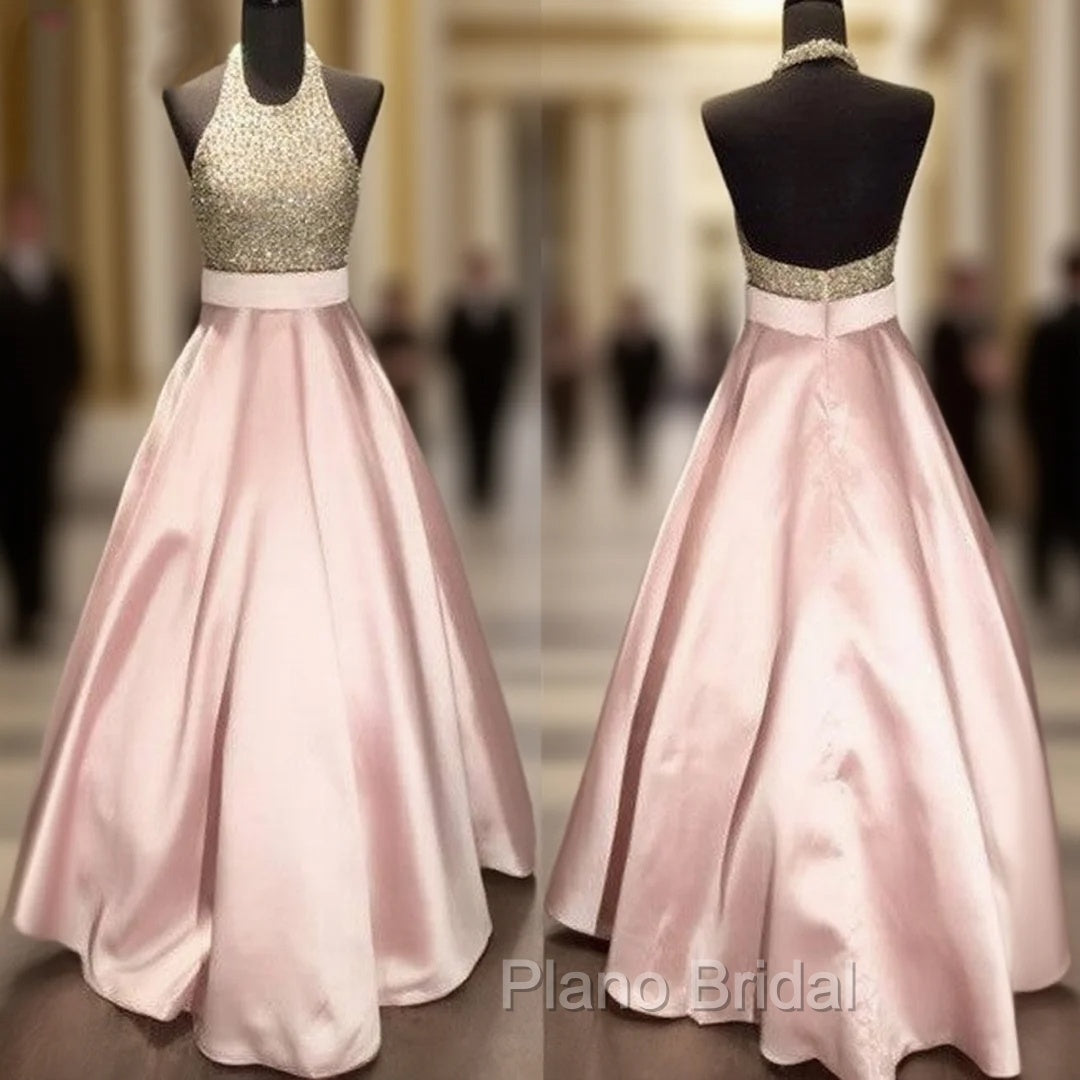 Pink Round Neck Sequin Long Formal Prom Gown, Pink Evening Dresses For Teens