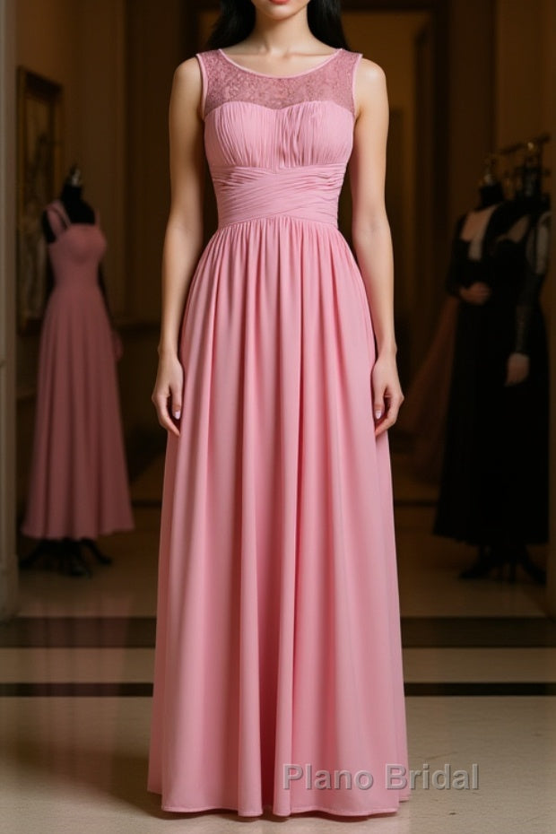 Pink round neck tulle lace long Formal Prom dress, pink lace bridesmaid dress Main image