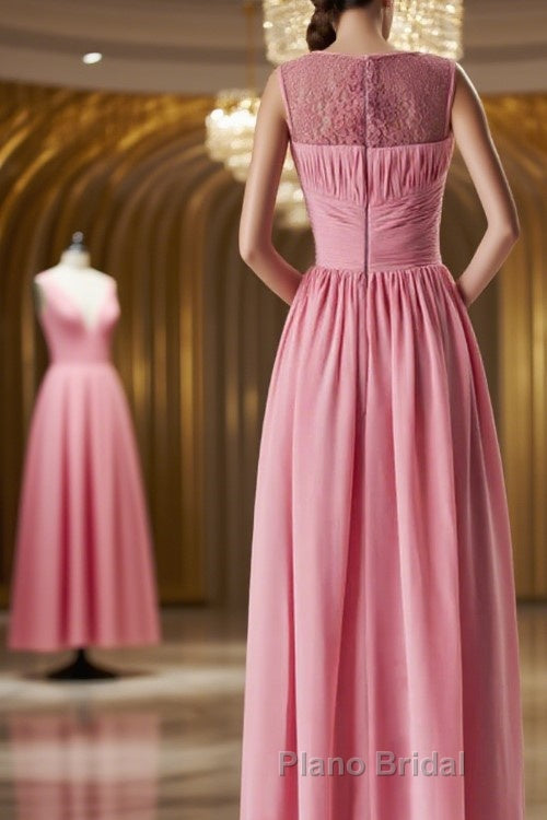 Pink round neck tulle lace long Formal Prom dress, pink lace bridesmaid dress Secondary image