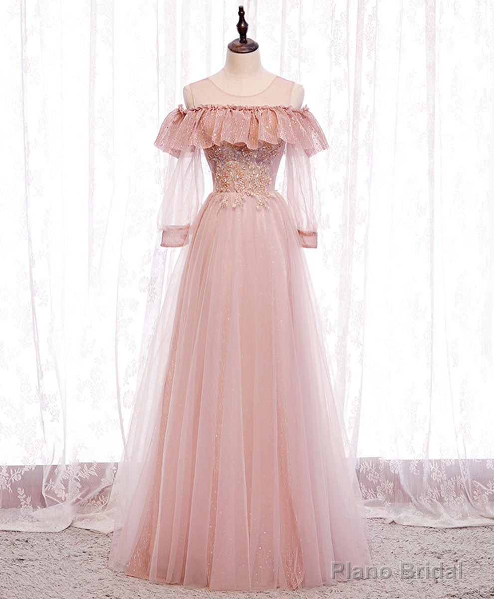 Pink Round Neck Tulle Lace Long Prom Dress Pink Lace Evening Dress Main image