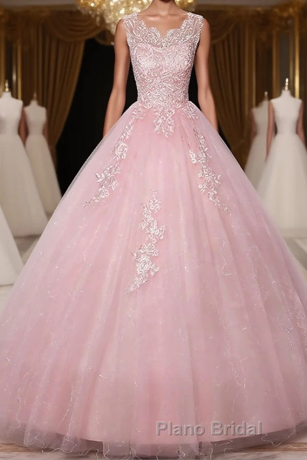 Pink round neck tulle lace long Formal Prom dress pink tulle formal dress Main image