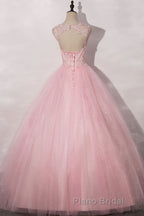 Pink round neck tulle lace long Formal Prom dress pink tulle formal dress