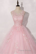 Pink round neck tulle lace long Formal Prom dress pink tulle formal dress