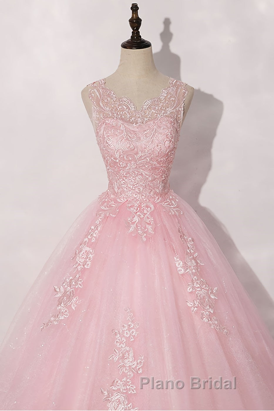 Pink round neck tulle lace long Formal Prom dress pink tulle formal dress
