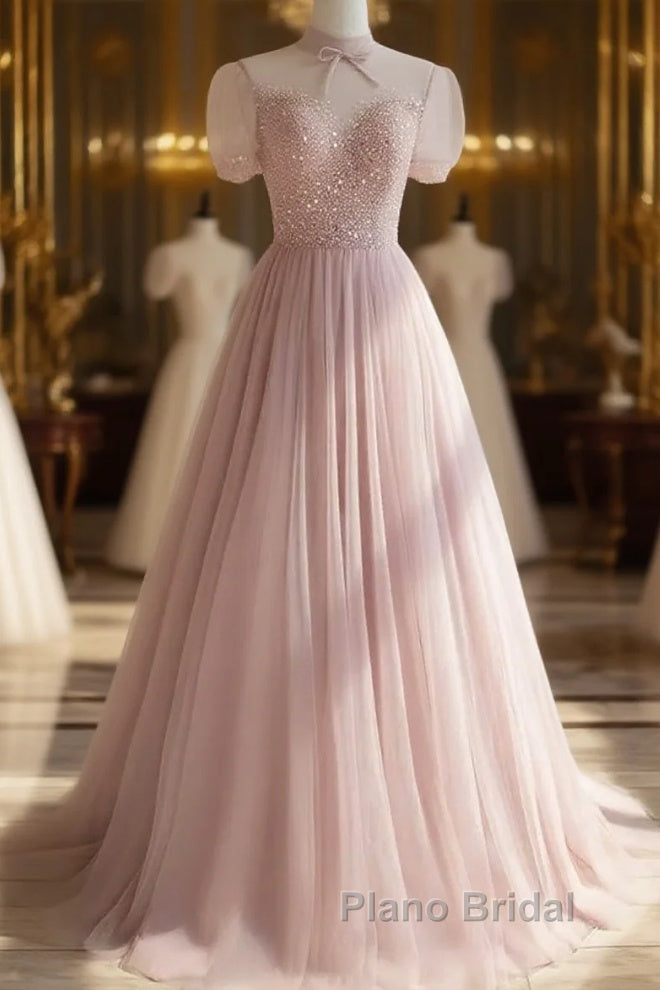 Pink Round Neck Tulle Sequin Long Formal Prom Dresses Formal Dresses Short Sleeves December Wedding Guest Dresses Main image