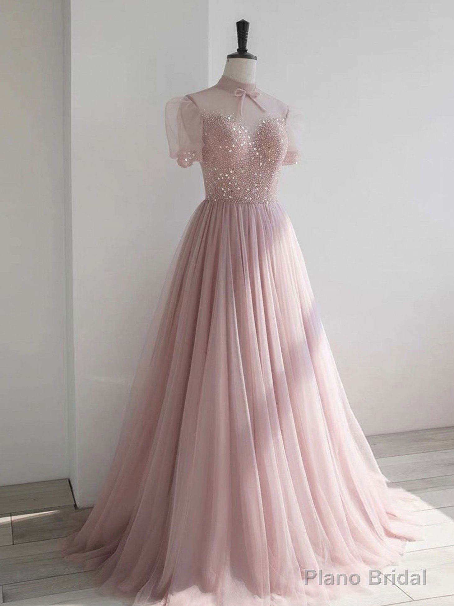 Pink round neck tulle sequin long prom dress, pink tulle formal dress Main image