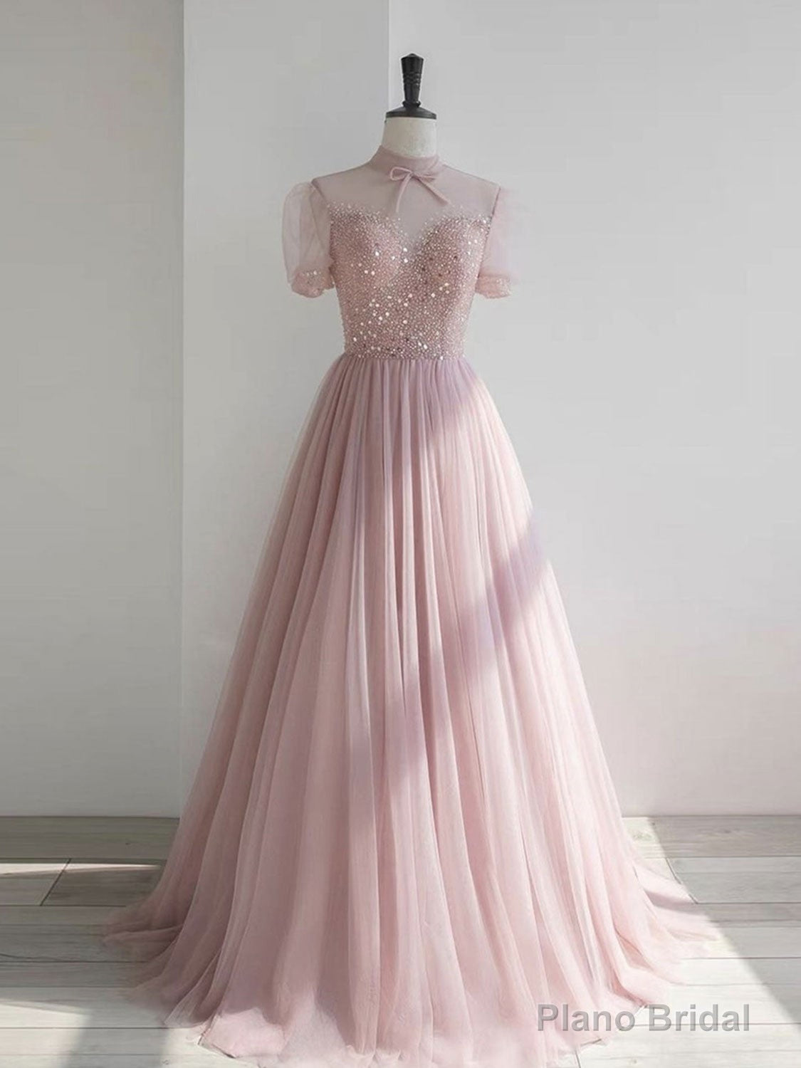 Pink round neck tulle sequin long prom dress, pink tulle formal dress Secondary image