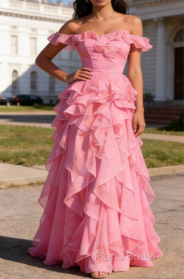 Pink Ruffled A-Line Square Neck Long Prom Dress Main image