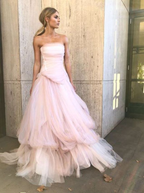 Light Pink Tulle Long Formal Prom Dresses, Pink Tulle Formal Dresses