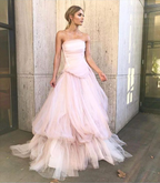 Light Pink Tulle Long Formal Prom Dresses, Pink Tulle Formal Dresses