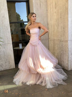 Light Pink Tulle Long Formal Prom Dresses, Pink Tulle Formal Dresses
