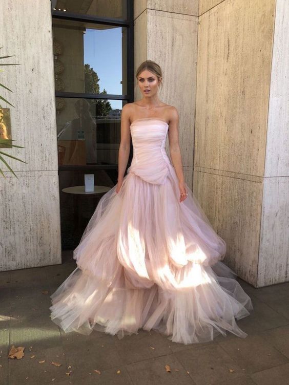Light Pink Tulle Long Formal Prom Dresses, Pink Tulle Formal Dresses Main image