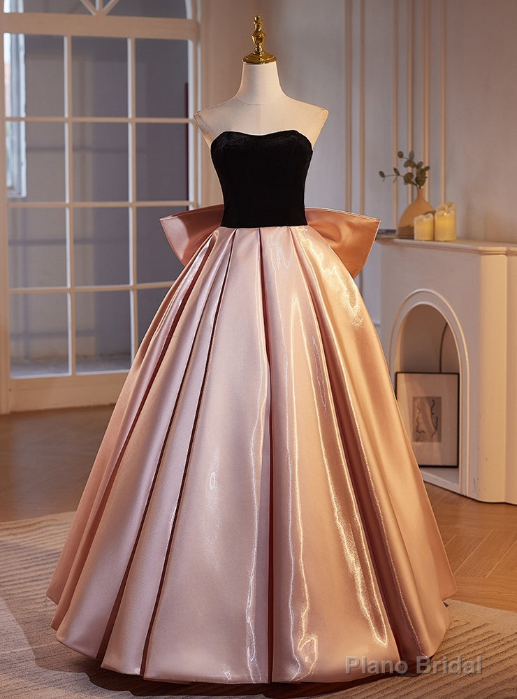 Pink Satin Black Velvet Strapless Prom Dress Main image