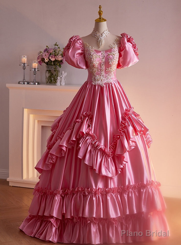 Pink Satin High Neck Short Sleeve Appliques Quinceanera Dress Main image