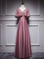 Pink Satin Lace V-neck Bat Pearls Prom Dress