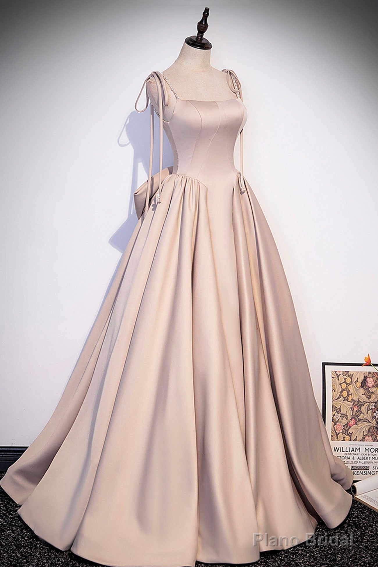 Pink Satin Long A-Line Prom Dress, Cute Spaghetti Strap Evening Dress with Bow Main image