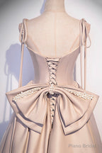 Pink Satin Long A-Line Prom Dress, Cute Spaghetti Strap Evening Dress with Bow