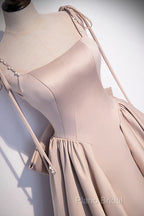 Pink Satin Long A-Line Formal Prom Dresses, Pink Spaghetti Straps Party Dresses With Bow