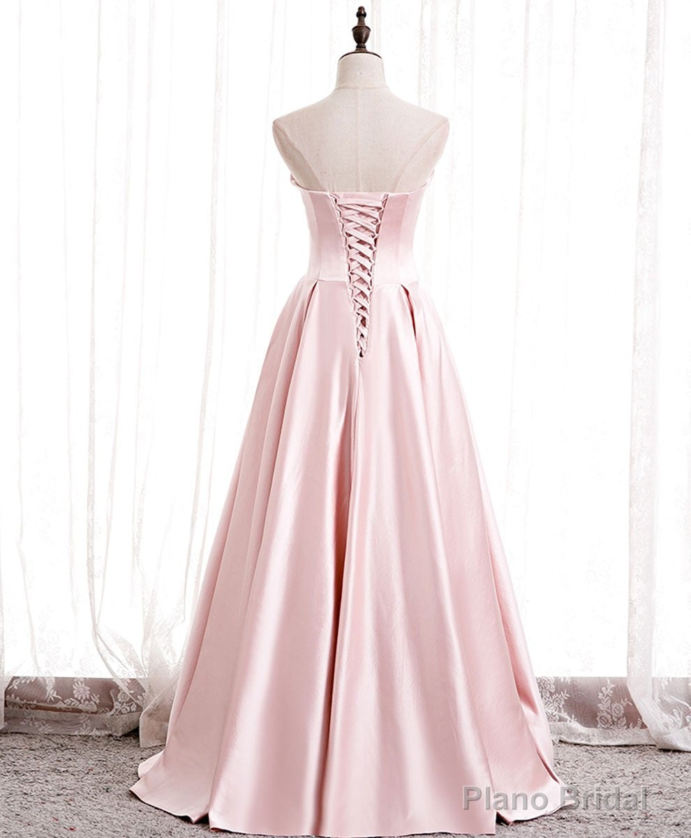 Pink Satin Long Party Dress with Pearls, Floor Length Party Dres Wedding Party Dress