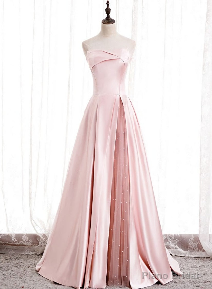 Pink Satin Long Party Dress with Pearls, Floor Length Party Dres Wedding Party Dress Secondary image