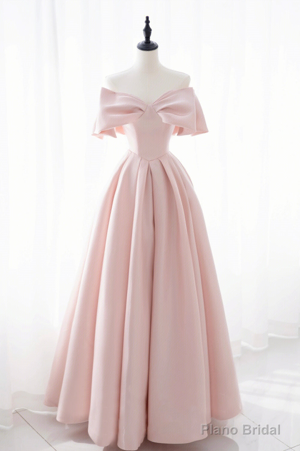 Pink Satin Long Prom Dress, Cute Off Shoulder Evening Dress Main image