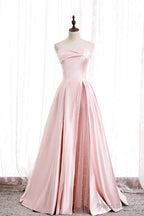 Pink Satin Long Prom Dress with Pearls, Pink Strapless Evening Dress