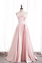 Pink Satin Long Prom Dress with Pearls, Pink Strapless Evening Dress