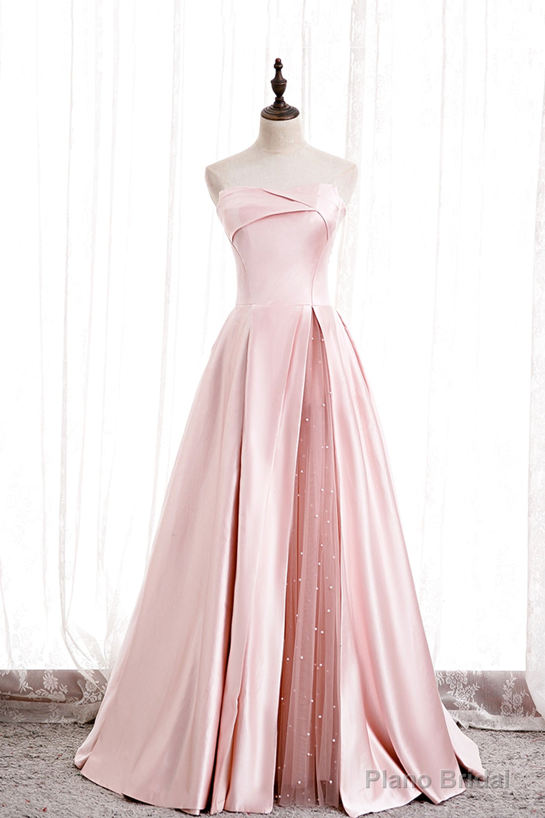 Pink Satin Long Prom Dress with Pearls, Pink Strapless Evening Dress