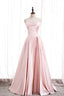 Pink Satin Long Prom Dress with Pearls, Pink Strapless Evening Dress