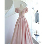 Pink Satin Long Short Sleeves Prom Dress Party Dress, Pink Formal Dress Wedding Party Dress