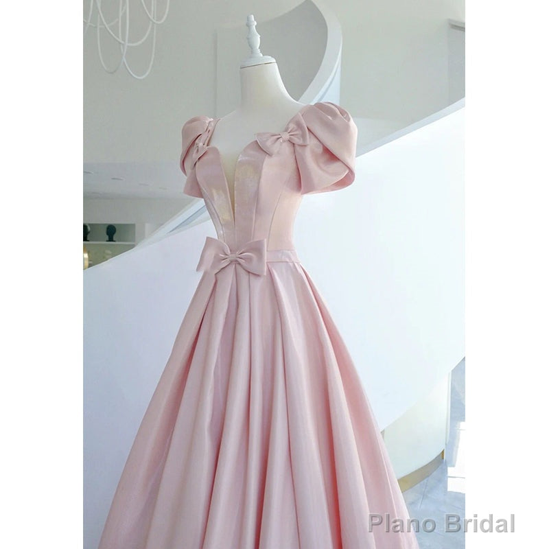 Pink Satin Long Short Sleeves Prom Dress Party Dress, Pink Formal Dress Wedding Party Dress Main image