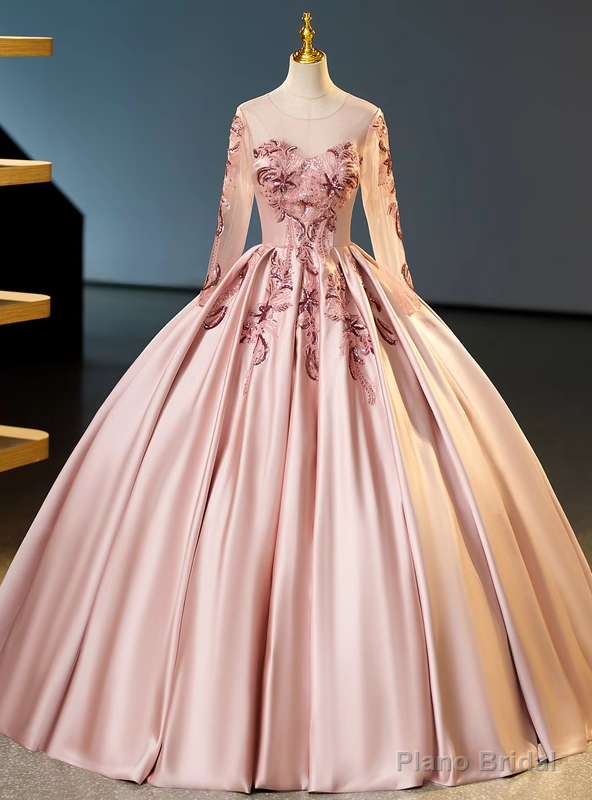 Pink Satin Long Sleeve Appliques Quinceanera Dress Main image